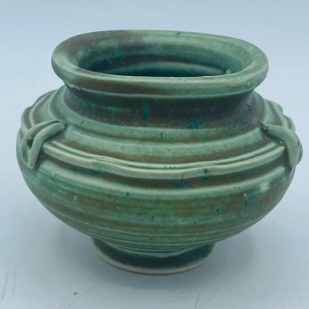 Studio Art Pottery Handmade Mini Pot w. Flower Frog Pins for Floral Bud Display
